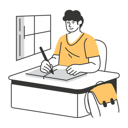 机に向かって書く学生  イラスト