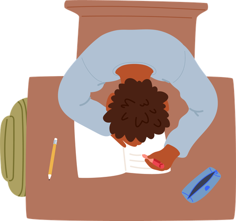 Student Writing With Pencil Beside Books And Pencil Case  Illustration