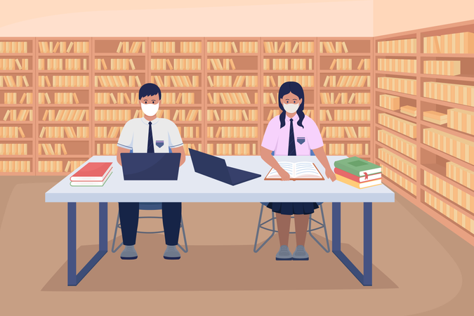 Studenten in der Bibliothek tragen Maske  Illustration