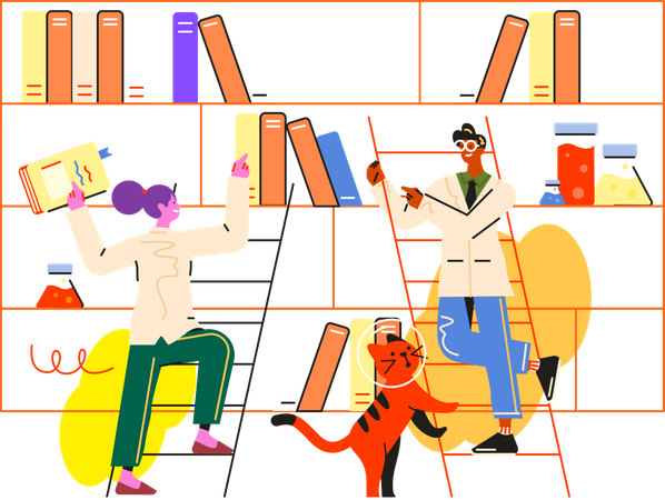 Schüler lesen Buch in der Bibliothek  Illustration