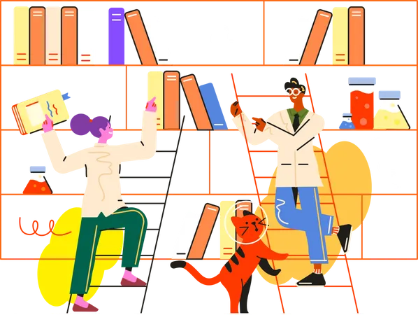 Schüler lesen Buch in der Bibliothek  Illustration