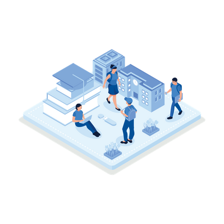 Studenten studieren online auf dem Universitäts- oder College-Campus  Illustration