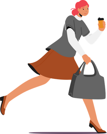 Student, Büroangestellte, Geschäftsfrau Charakter Eile. Laufendes Mädchen mit Einweg-Kaffeetasse in der Hand spät bei der Arbeit  Illustration