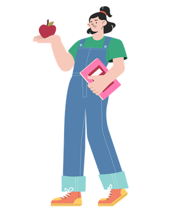Studentin hält Buch und zeigt Apple  Illustration