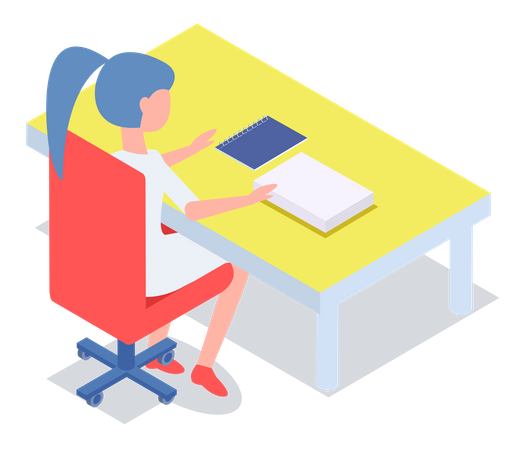 Studentin in der Bibliothek liest Buch am Tisch sitzend  Illustration