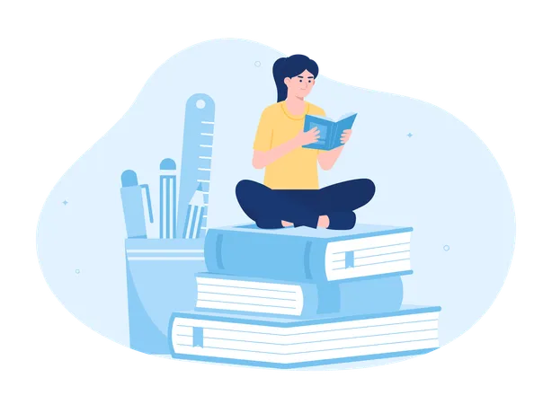 Studentin sitzt und liest Buch  Illustration
