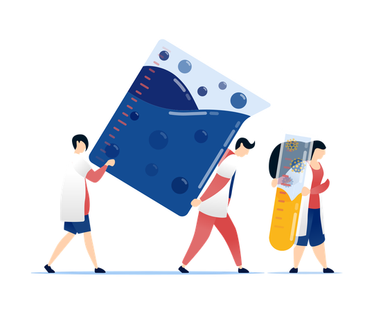 Students And Doctors Carrying Beakers And Test Tubes Filled With Chemical Liquids  Illustration