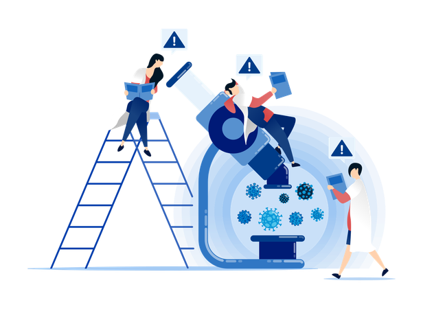 Students And Doctors Examining Virus Development Under Microscope  Illustration