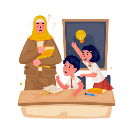 Students and teacher character doing question answer class  Illustration