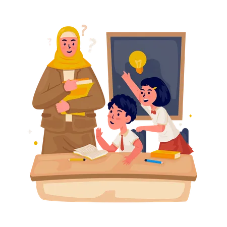 Students and teacher character doing question answer class  Illustration