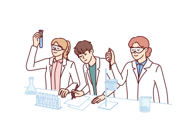 Students Conduct Experiments In Laboratory Doing Scientific Research To Prepare For Chemistry Exam Guys And Girls In White Coats Stand At Laboratory Table With Flasks Filled With Chemical Reactions Illustration