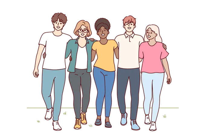 Multiracial People Walk Through Park Hugging And Enjoying Friendship With College Classmates Multiracial Students Walk Together On Grass And Invite To Become Member Of Friendly University Community Illustration
