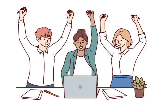 Successful Business People Make Winning Gesture Sitting At Desk And Rejoicing At Making Successful Deal Businesspeople Are Thrilled To Hear About Pay Raise At Work Or Getting Funding For Startup イラスト