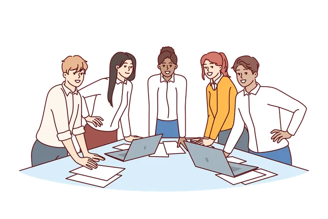 Team Diverse Business People Stand At Table With Papers And Laptops Discussing Company Marketing Strategy Meeting In Modern Startup With Team Of Young Men And Women Engaged In Corporate Consulting Illustration