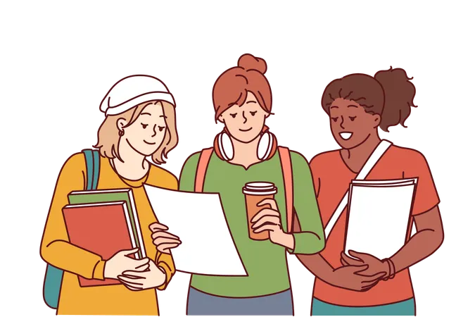 Multiethnic College Girls Holding Books And Papers Agreeing To Study Together For Exams Multiethnic Female Student Chatting Before Starting Classes At University Discussing Extracurricular Work Illustration