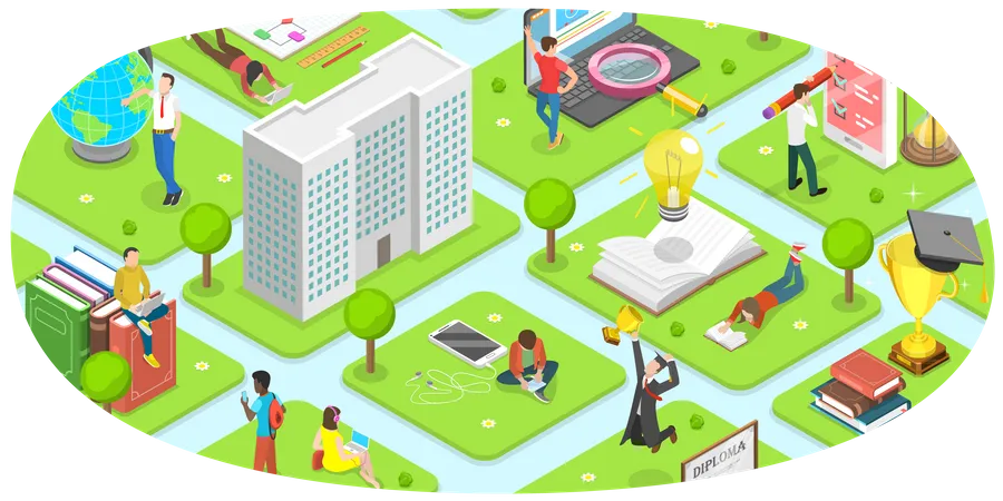 Flat Isometric Vector Concept Of Campus Students Are Spending Their Time Reading Studying Chatting Walking And Etc Around The University Illustration