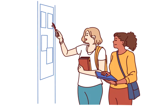 Girls Students Stand In Corridor Of College Or University Near Blackboard With Lesson Schedule Or Lists Of Pupils Two Schoolgirls Or Students With Books In Their Hands Read Notice On Bulletin Board Illustration