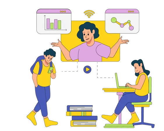 Students attending online classes  イラスト