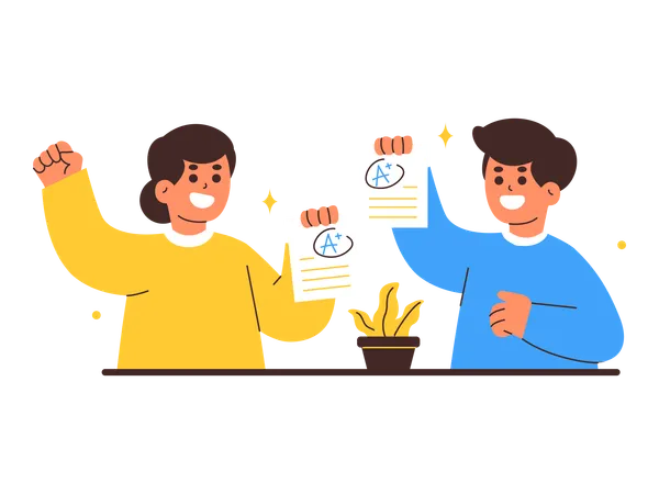 An Illustration Of Two Students A Boy And A Girl Joyfully Displaying Their A Plus Test Papers Illustration