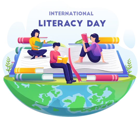 Students celebrating international literacy day by reading book Illustration