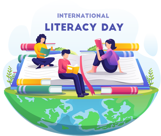 Students celebrating international literacy day by reading book  イラスト