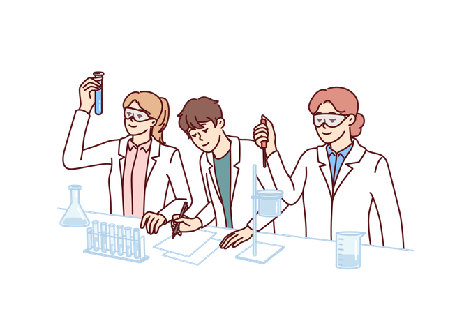 Students conduct experiments in chemistry laboratory doing scientific research for exam  イラスト