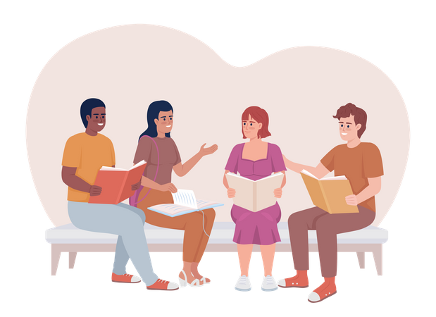 Students discussing books in group  Illustration