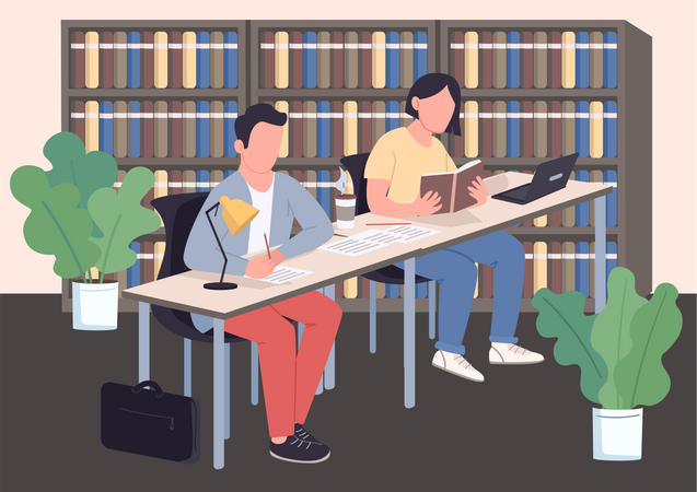 Students doing exam preparation in library Illustration