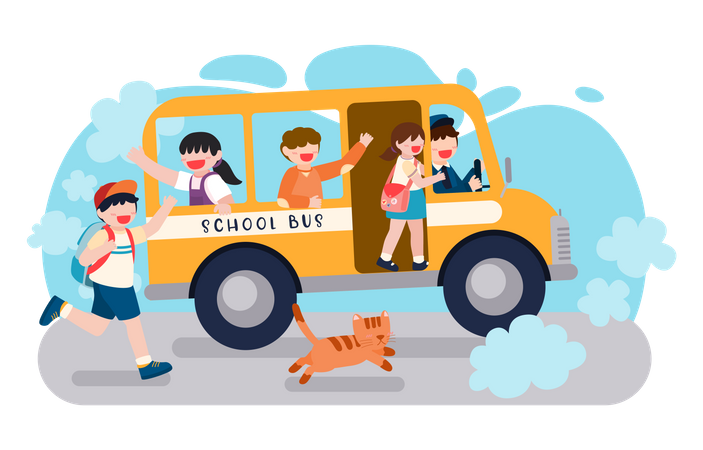 Students get up early to catch the school bus  일러스트레이션