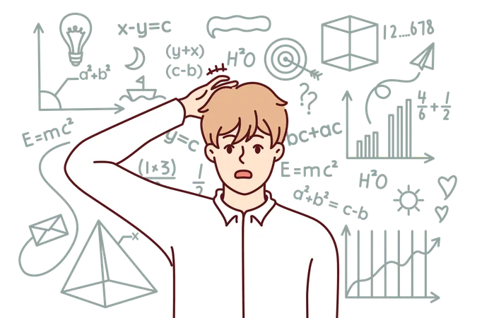 Embarrassed Guy Student Studying Mathematics Scratching Back Of Head Standing Near School Chalkboard After Making Mistake Stupid Male Student Failed To Prove Mathematical Theorem And Pass Exam Illustration