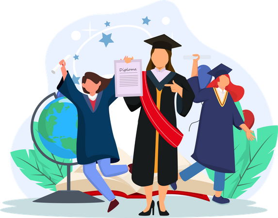 Students getting graduation degree abroad Illustration