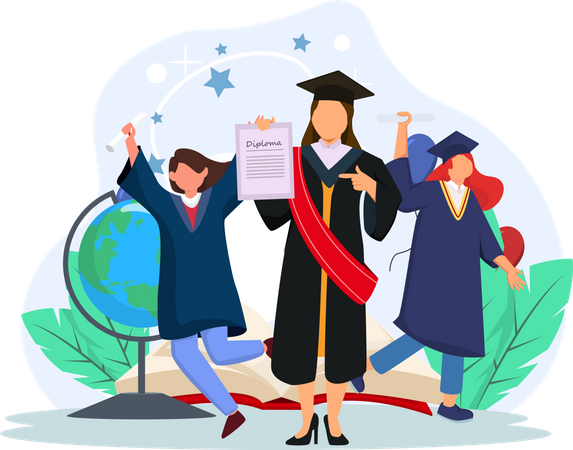 Students getting graduation degree abroad  Illustration