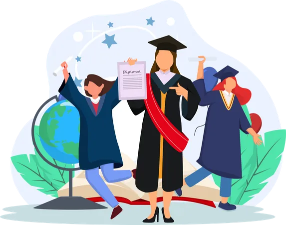 Students getting graduation degree abroad  Illustration