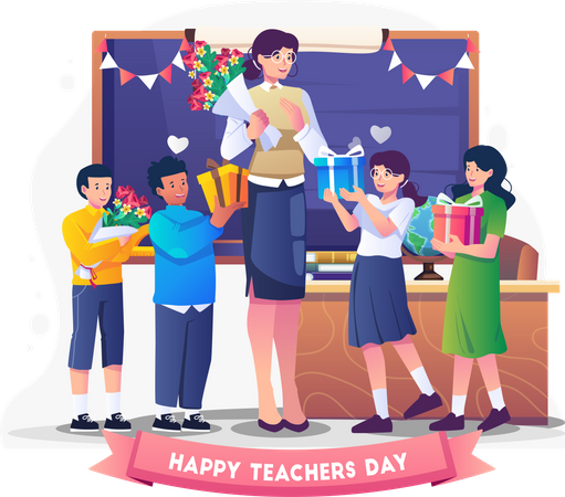 Students give their female teachers gifts and flowers to celebrate Teacher's Day  Illustration