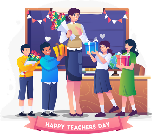 Students give their female teachers gifts and flowers to celebrate Teacher's Day Illustration