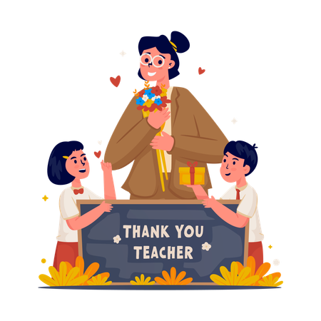 Students gives surprise of bouquet flowers and board with thank you message for their teacher  Illustration