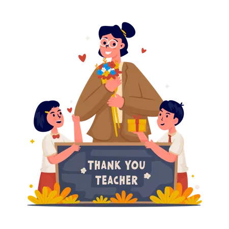 Students gives surprise of bouquet flowers and board with thank you message for their teacher  Illustration