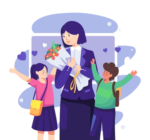 Students giving flower bouquet to teacher Illustration