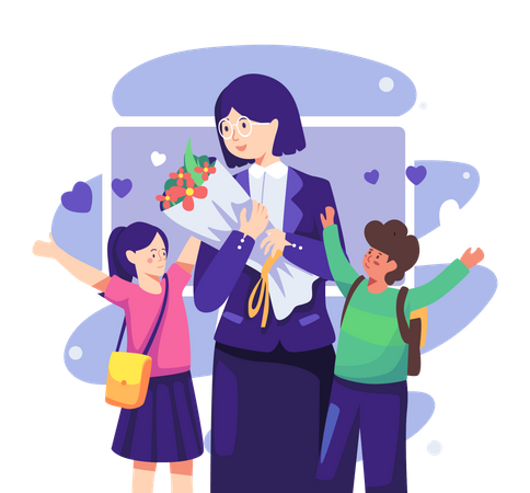 Students giving flower bouquet to teacher  Illustration