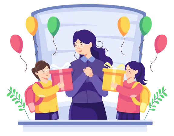 Students giving teachers New Year's gifts Illustration