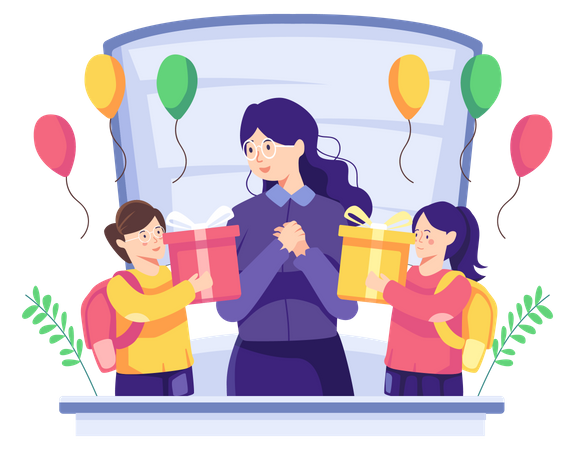 Students giving teachers New Year's gifts  Illustration