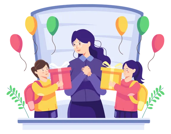 Students giving teachers New Year's gifts  Illustration