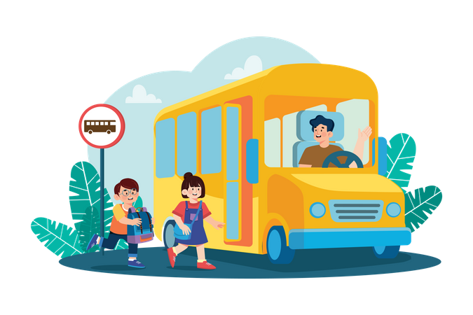 Students go to school by school bus  Illustration