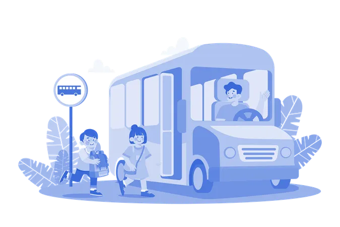 Students Go To School By School Bus  Illustration