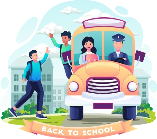 Students Go To School By School Bus And Greet Each Other Back To School Concept Design Vector Illustration In Flat Style Illustration