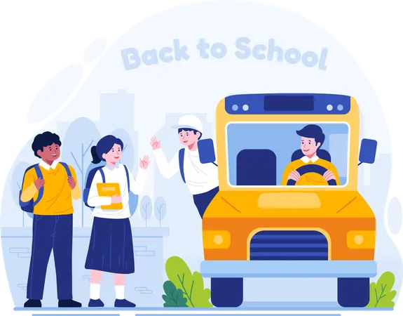 Students Go To School By School Bus And Greet Each Other Back To School Concept Illustration Illustration