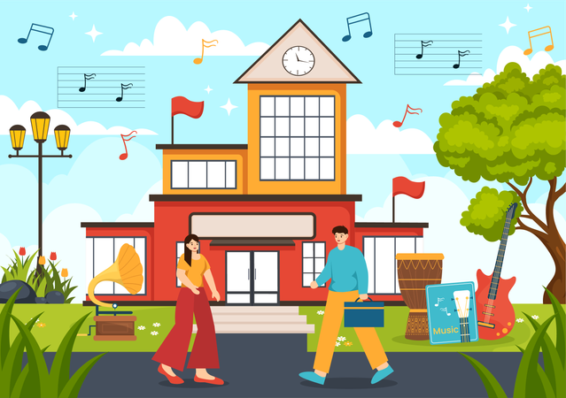 Students going to music school  イラスト