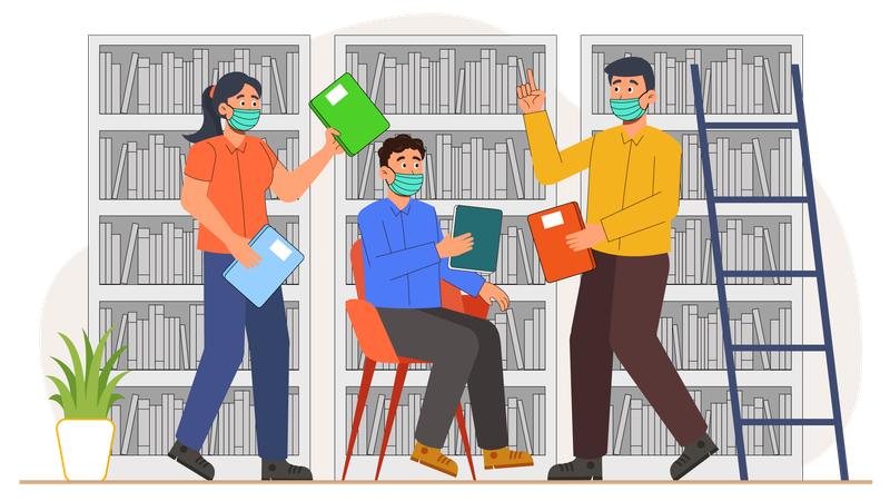 Students gossiping in library  Illustration