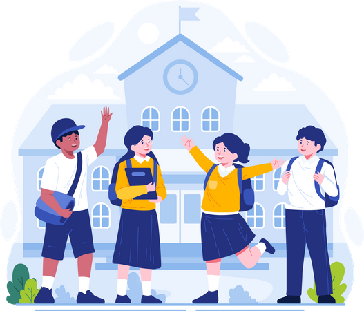 Students greeting each other in front of the school building  Illustration