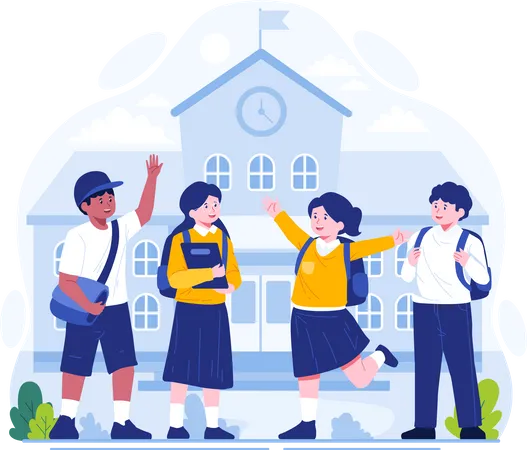 Schoolboy And Schoolgirl Are Greeting Each Other In Front Of The School Building Back To School Concept Illustration Illustration